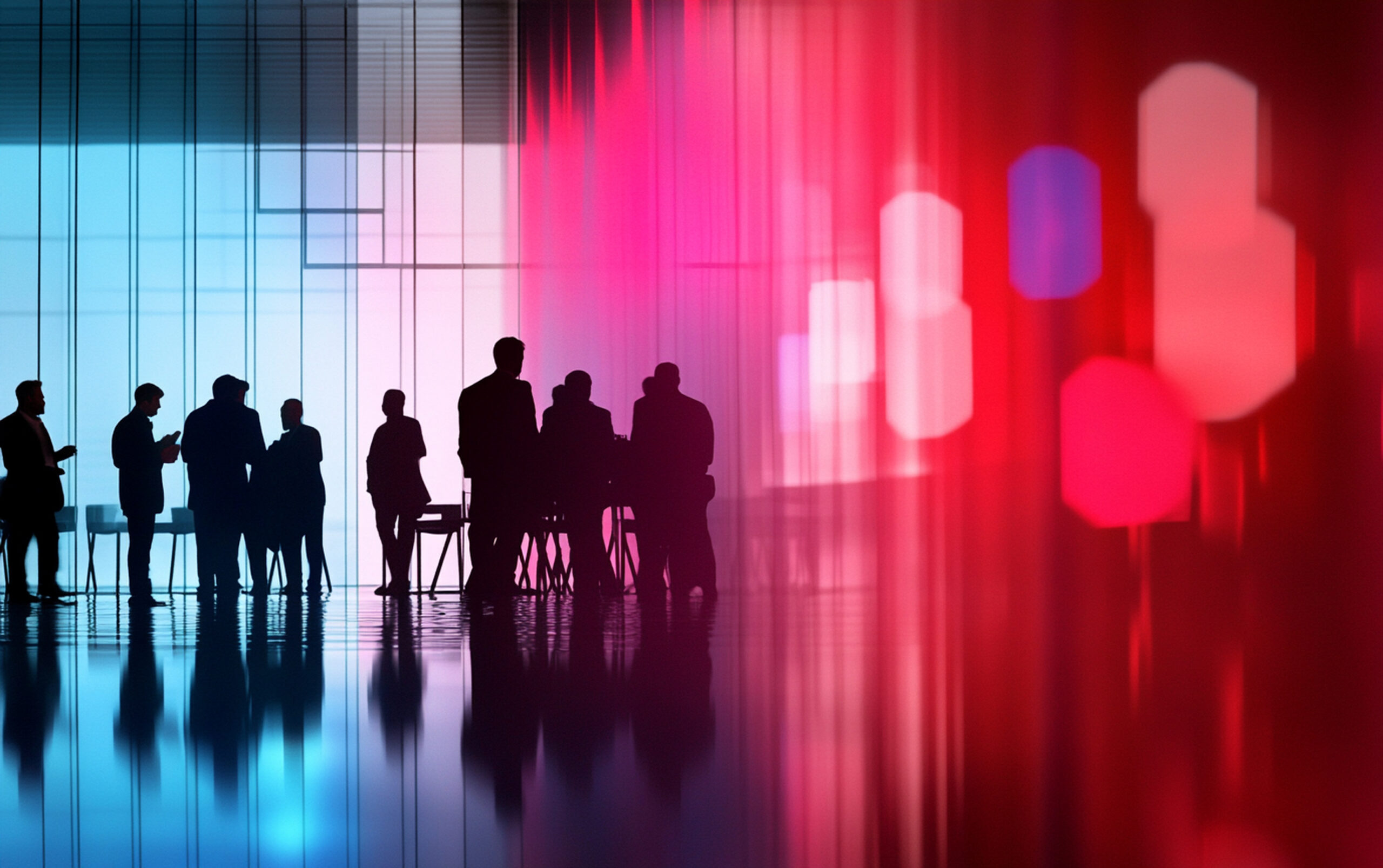 Silhouettes of business professionals networking in modern setting, vibrant colors create dynamic atmosphere