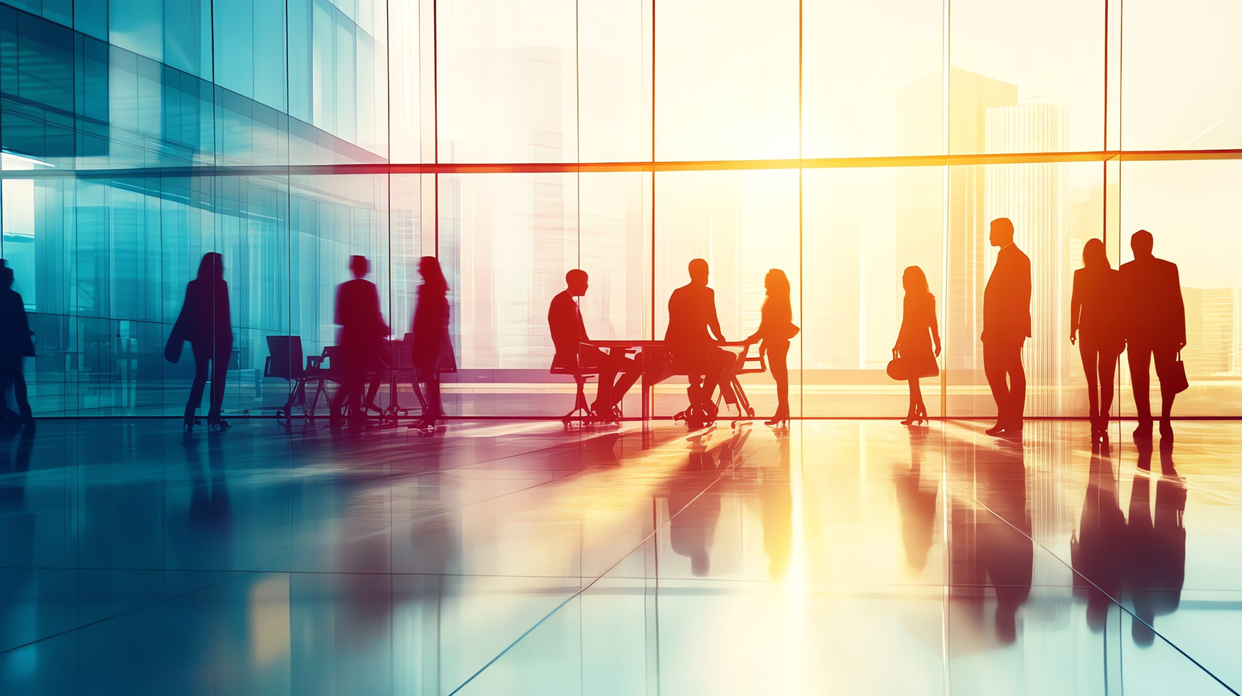 Silhouettes of business people in a modern office setting.