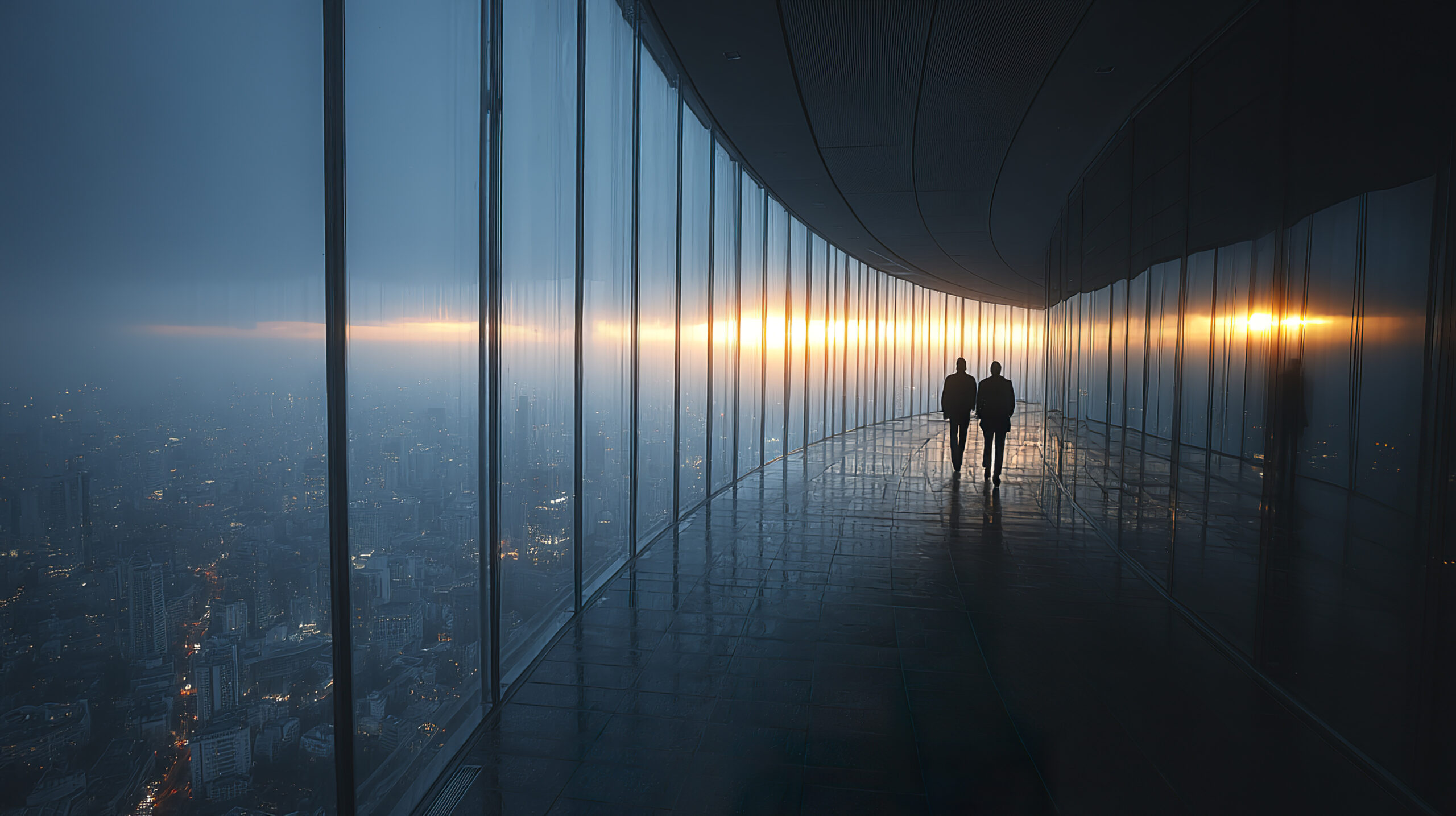Two business people walking along curved glass corridor at sunset with cityscape view, creating calm and reflective atmosphere in modern urban setting