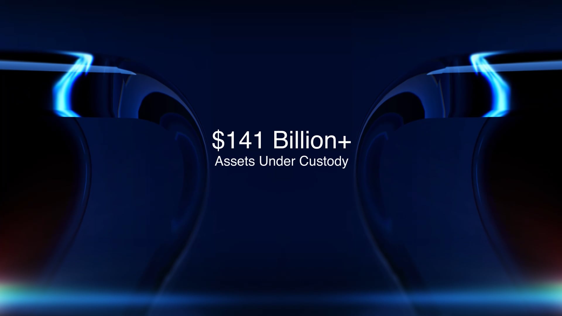 Dark-themed image with the text "$141 Billion+ Assets Under Custody" centered. The background features abstract, curved blue shapes on either side.