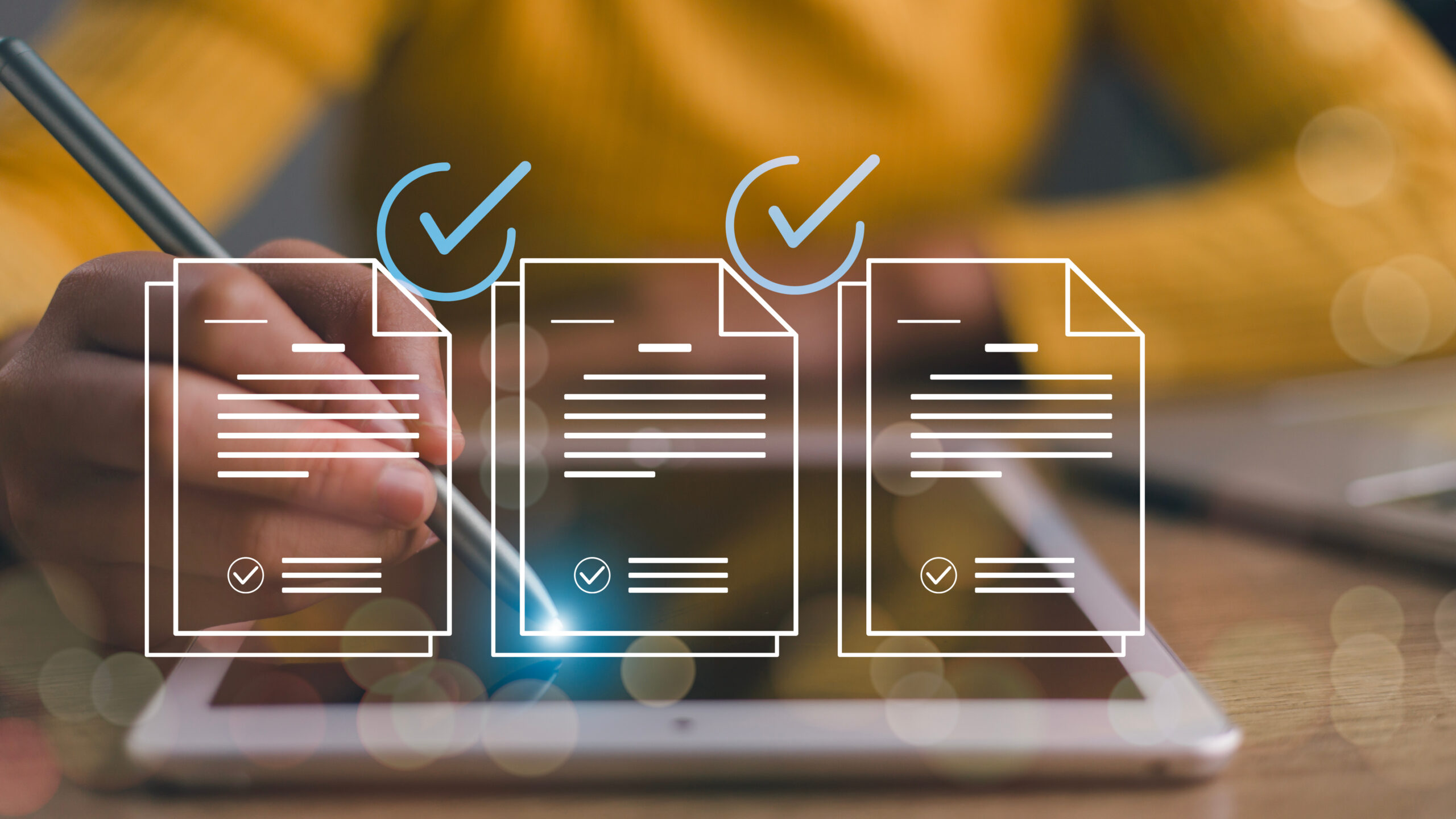 Businesswomen tick correct sign marks on virtual screen documents for online approved paperless quality assurance and ERP management. Prepare check and approve concepts. Document management.