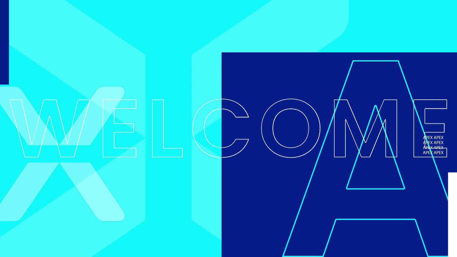 Abstract graphic with the word "WELCOME" in transparent white letters over a blue and cyan background featuring large stylized letters "X" and "A" and small repeated text "APEX" beside the "A".
