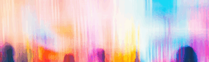 Abstract image with vertical streaks of bright colors including pink, orange, yellow, blue, and white, blending together with soft edges and blurred, shadowy shapes at the bottom.