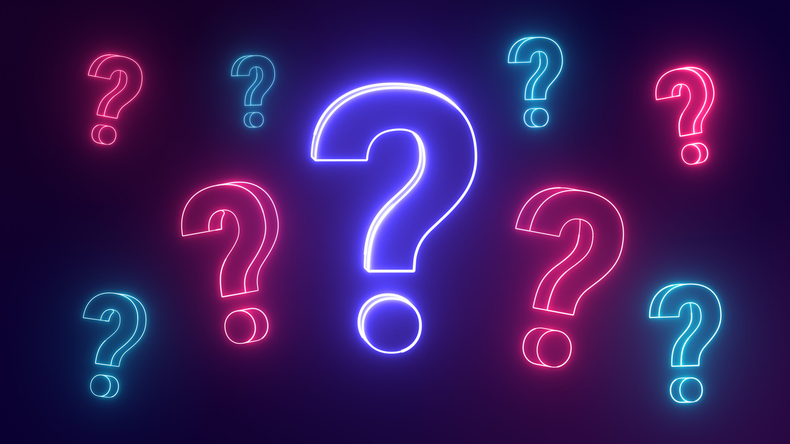 Sea of doubts. Many neon question marks icon. Something to think about or a Problem to solve.