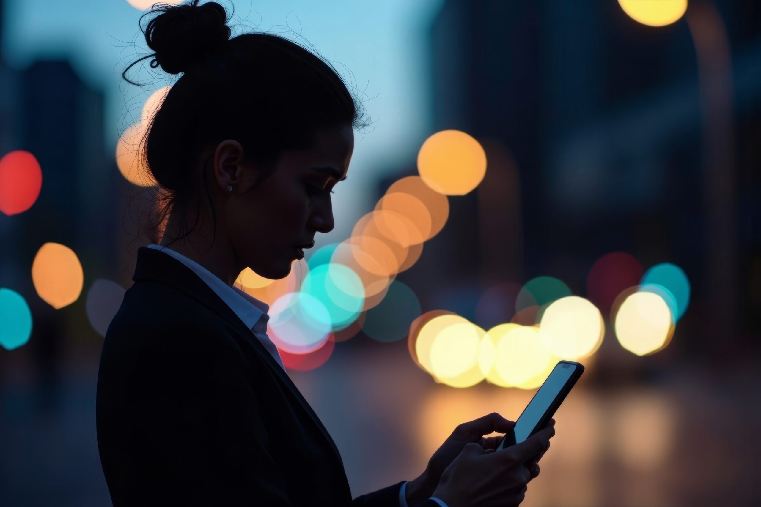 Cityscape Silhouette: Modern Businesswoman Engaged on Mobile Device in Urban Setting