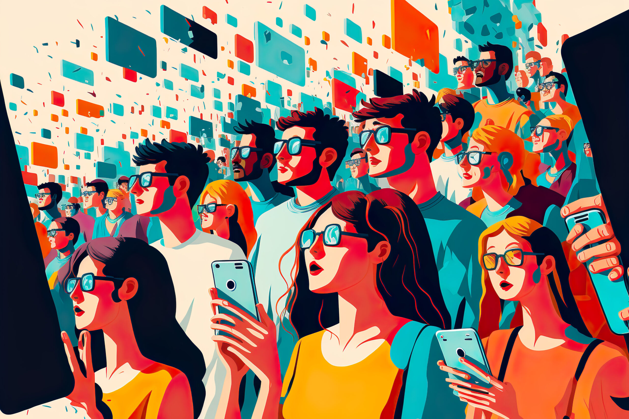 Crowd of diverse young people with gadgets at some public event or cinema as viewers. Colorful drawing in flat style. Generative AI