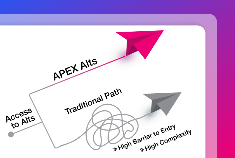 A graphic shows two paper airplanes: a pink one labeled "APEX Alts," taking a straight path, and a gray one labeled "Traditional Path," taking a tangled route marked "High Barrier to Entry" and "High Complexity.